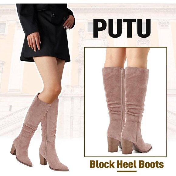 Women's Pointed Toe Knee High Faux Suede Slouch Taupe High Boots Chunky Heels - Picture 3 of 8